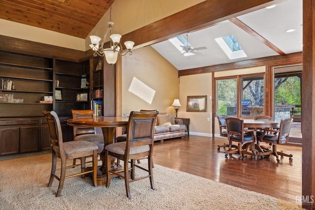 4227 Poso Flat Rd, Bakersfield, CA 93308 - dining space with beam ceiling, light wood finished floors, high vaulted ceiling, baseboards, and a skylight