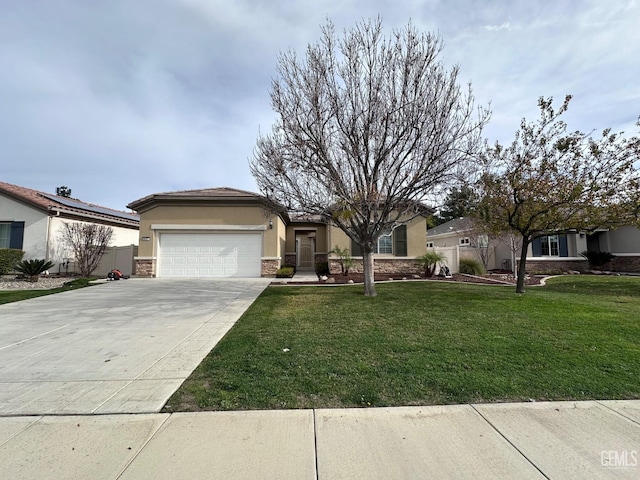 ranch-style house featuring a front lawn and a garage