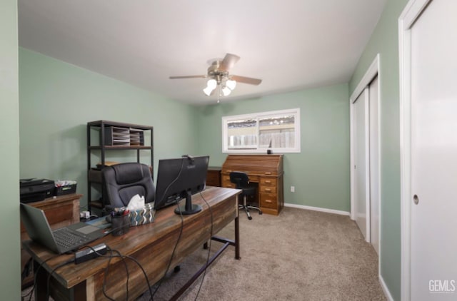 3717 Basin Ave, Bakersfield, CA 93309 - office area with a ceiling fan, light carpet, and baseboards