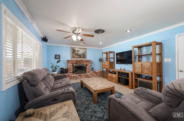 3717 Basin Ave, Bakersfield, CA 93309 - living room featuring ceiling fan, ornamental molding, and a fireplace