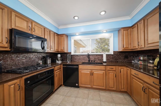 3717 Basin Ave, Bakersfield, CA 93309 - kitchen featuring black appliances, a sink, ornamental molding, light tile patterned floors, and tasteful backsplash