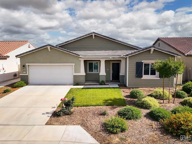 10213 Breitenbush Ave, Bakersfield, CA 93311 - ranch-style house featuring an attached garage, concrete driveway, a tile roof, a front lawn, and stucco siding