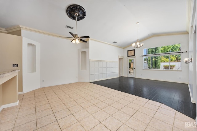11808 Wethersfield St, Bakersfield, CA 93312 - unfurnished living room with vaulted ceiling, a chandelier, wood finished floors, a ceiling fan, and ornamental molding