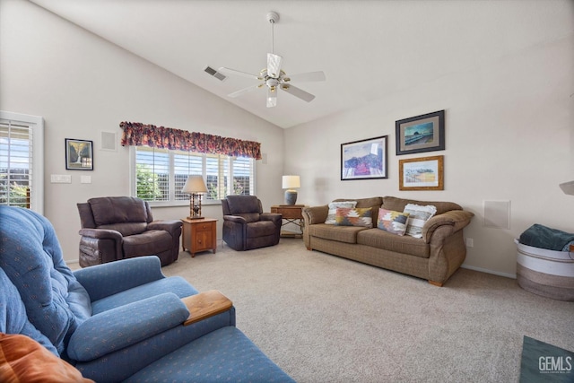 9000 Willamette Ct, Bakersfield, CA 93312 - living area with carpet, a ceiling fan, and high vaulted ceiling