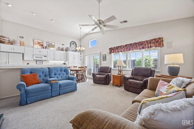 9000 Willamette Ct, Bakersfield, CA 93312 - living area with carpet floors, a chandelier, a ceiling fan, and high vaulted ceiling