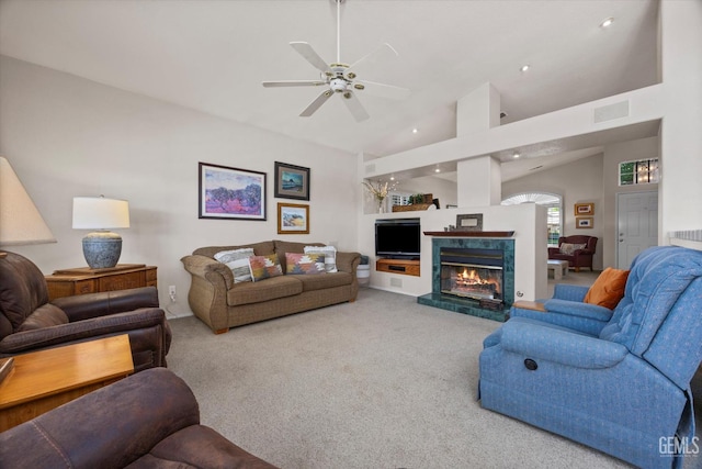 9000 Willamette Ct, Bakersfield, CA 93312 - living room with carpet floors, ceiling fan, a high end fireplace, high vaulted ceiling, and recessed lighting