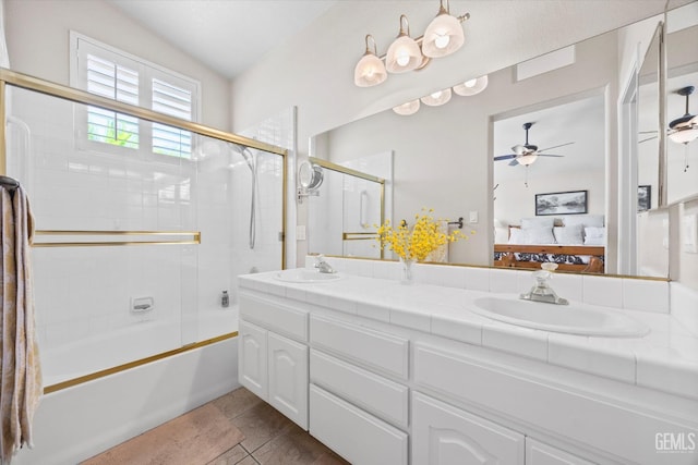 9000 Willamette Ct, Bakersfield, CA 93312 - ensuite bathroom featuring a ceiling fan, combined bath / shower with glass door, double vanity, and tile patterned flooring