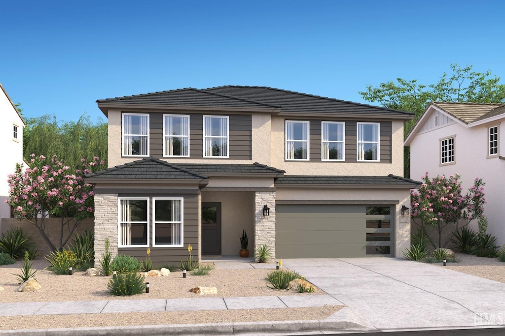 6306 Marconi Ave, Bakersfield, CA 93313 - view of front facade with a garage, driveway, stone siding, and stucco siding