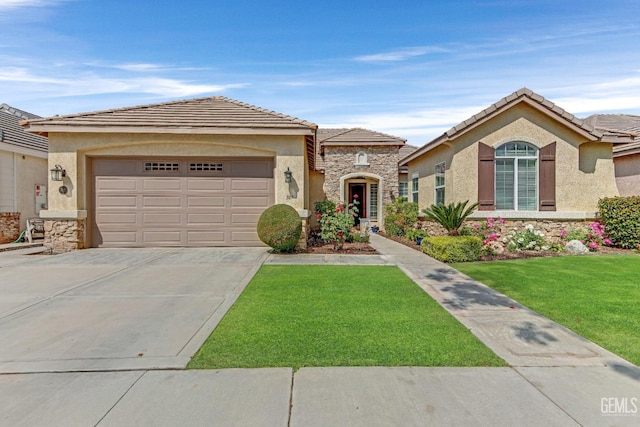 view of front of home featuring stucco siding, an attached garage, driveway, and stone siding