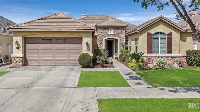 view of front facade featuring stucco siding, an attached garage, driveway, and stone siding