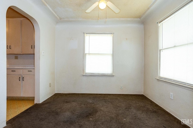 spare room featuring light carpet, ceiling fan, arched walkways, and ornamental molding