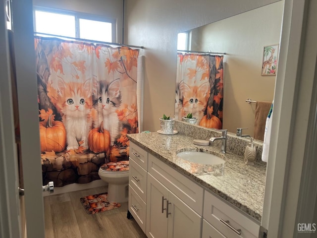 bathroom featuring hardwood / wood-style floors, vanity, toilet, and a shower with shower curtain