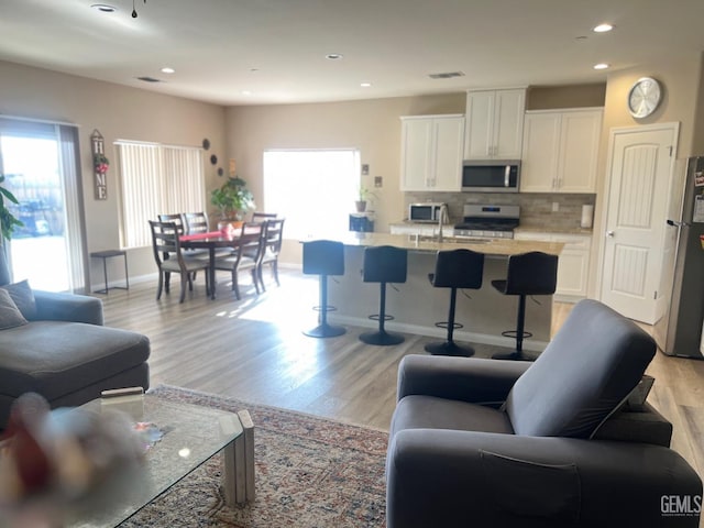 living room with light wood-type flooring and sink