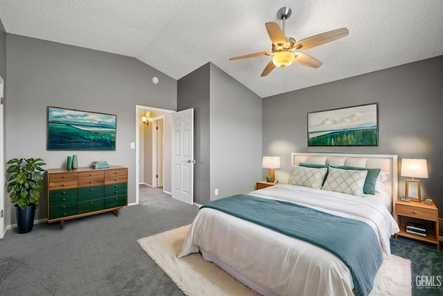 carpeted bedroom featuring vaulted ceiling, ceiling fan, and a textured ceiling