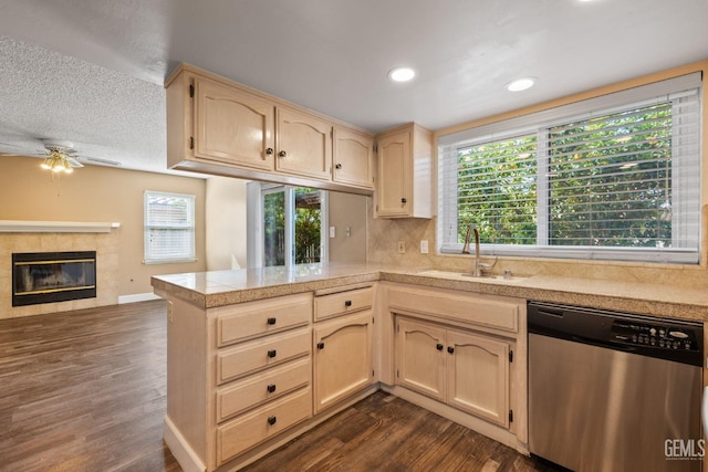 kitchen featuring dishwasher, sink, dark wood-type flooring, and a healthy amount of sunlight