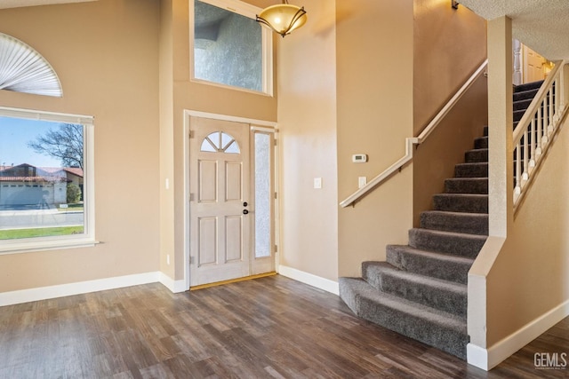 entrance foyer with a high ceiling and dark wood-type flooring