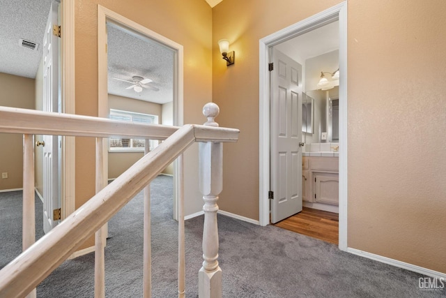 hall with carpet flooring and a textured ceiling