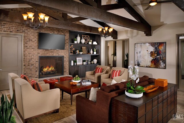 living area with wood finished floors, a fireplace, and vaulted ceiling with beams