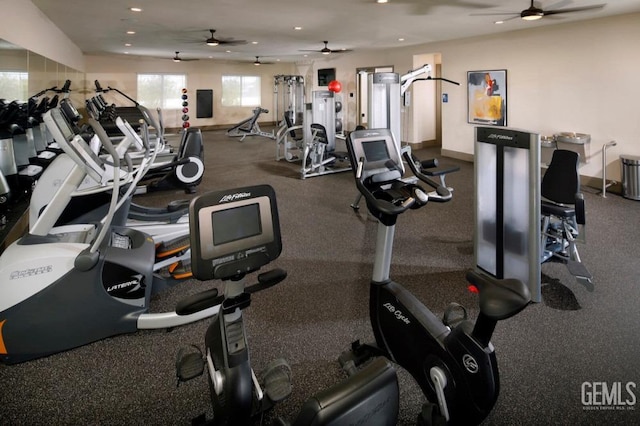 gym with recessed lighting and a ceiling fan