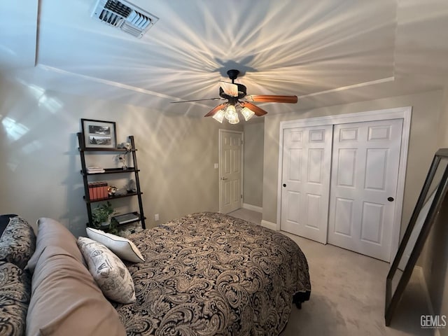 15725 Marty Ave, Bakersfield, CA 93314 - bedroom featuring light carpet, a closet, and a ceiling fan