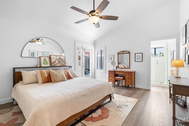 bedroom with multiple windows, ornamental molding, ceiling fan, and wood-type flooring