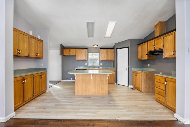 kitchen with a kitchen island, a sink, brown cabinetry, and under cabinet range hood