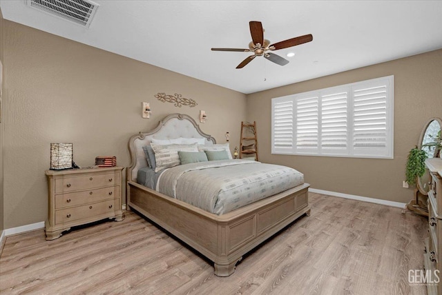 bedroom with visible vents, ceiling fan, light wood-type flooring, and baseboards