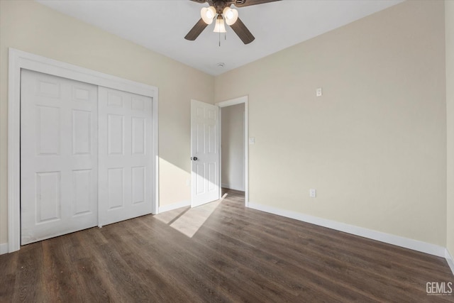 3409 Lotus Ln, Bakersfield, CA 93307 - unfurnished bedroom featuring wood finished floors, a closet, and a ceiling fan