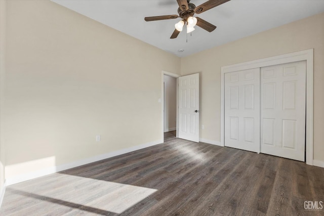 3409 Lotus Ln, Bakersfield, CA 93307 - unfurnished bedroom featuring wood finished floors, a closet, and ceiling fan