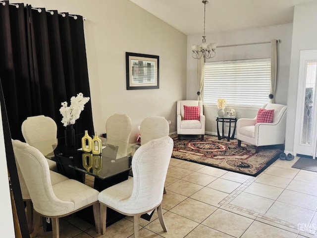 3614 White Sands Dr, Bakersfield, CA 93313 - dining space featuring vaulted ceiling, healthy amount of natural light, a chandelier, light tile patterned flooring, and baseboards