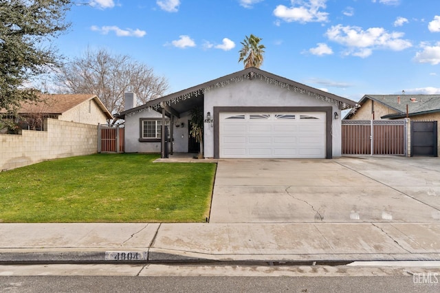 single story home featuring a garage and a front yard