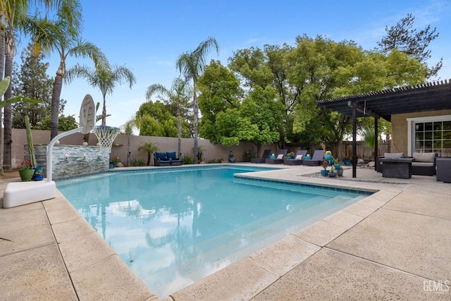 view of swimming pool with a patio, a fenced in pool, an outdoor hangout area, and a fenced backyard
