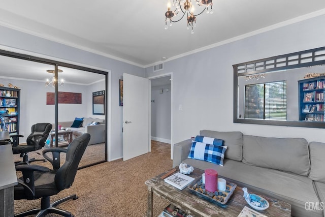 office featuring crown molding, carpet floors, visible vents, and a notable chandelier