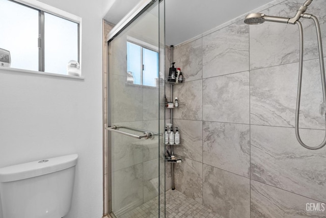full bathroom with toilet and a shower stall