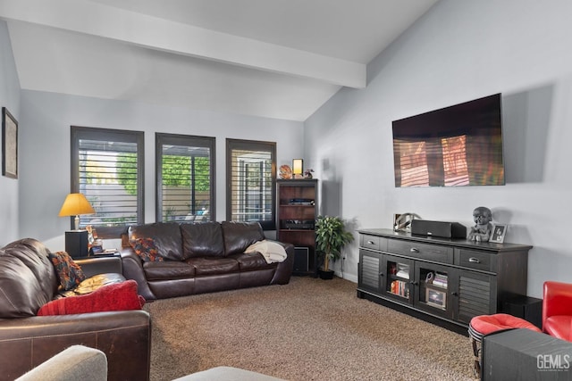 carpeted living room with vaulted ceiling with beams and baseboards