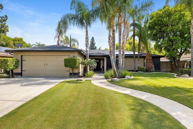 view of front of home with fence, an attached garage, stucco siding, a front yard, and concrete driveway