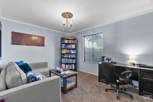 office area featuring carpet flooring, baseboards, a chandelier, and ornamental molding