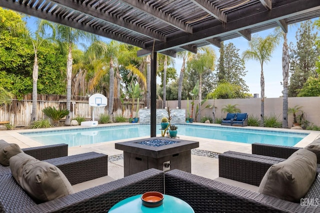 view of pool with a pergola, a fenced in pool, a fire pit, and a fenced backyard