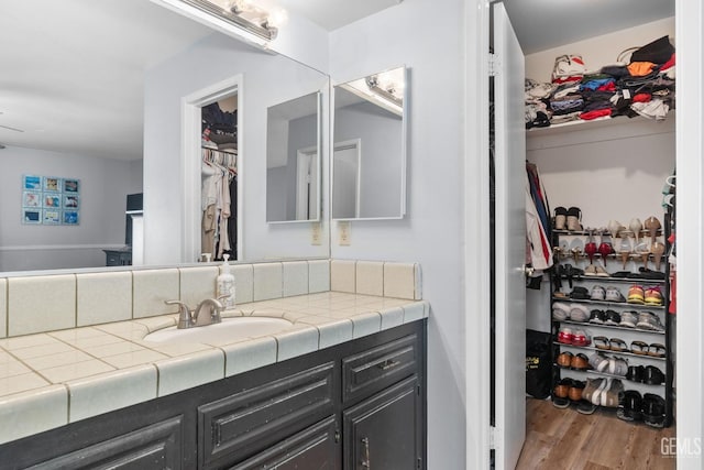 bathroom featuring vanity, wood finished floors, and a spacious closet