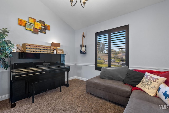 sitting room featuring baseboards, carpet, and vaulted ceiling