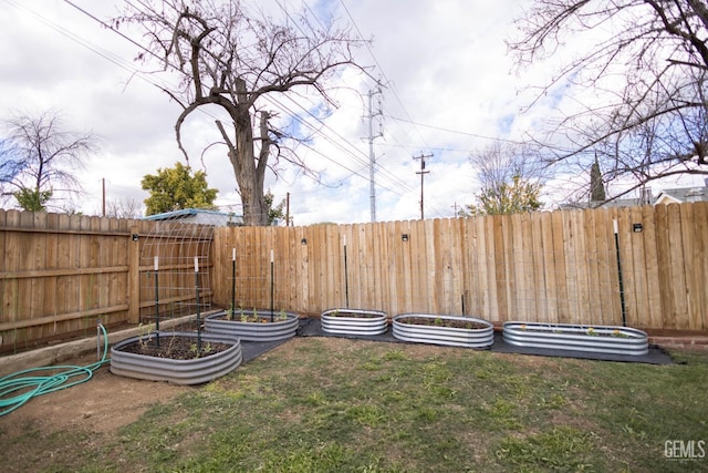 view of yard featuring a garden and a fenced backyard