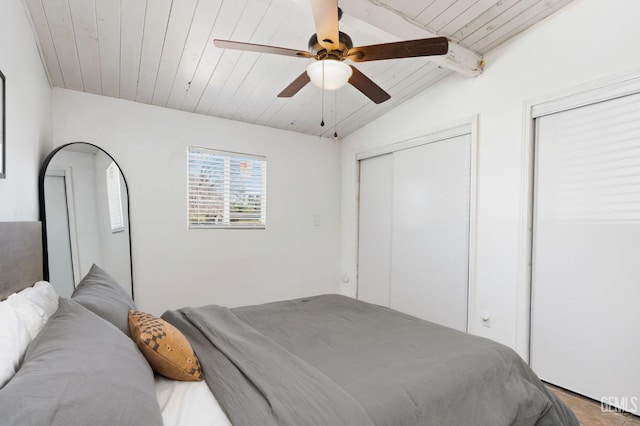 909 Oberlin Ct, Bakersfield, CA 93305 - bedroom featuring two closets, wooden ceiling, and ceiling fan