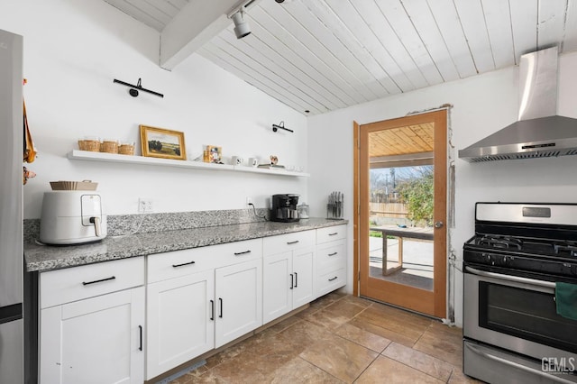 909 Oberlin Ct, Bakersfield, CA 93305 - kitchen with stainless steel gas range oven, wall chimney exhaust hood, open shelves, wooden ceiling, and white cabinetry