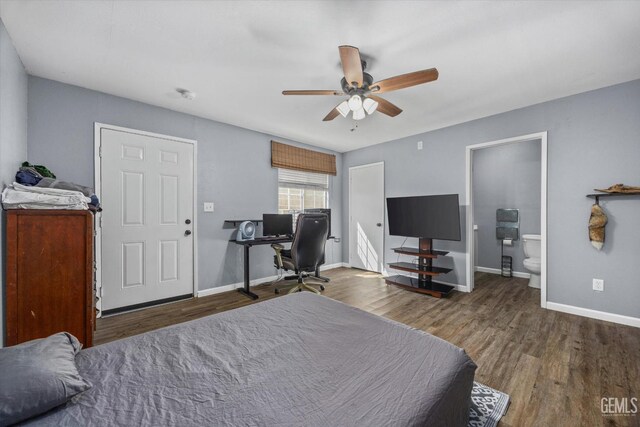 4418 Kevin Dr, Bakersfield, CA 93308 - bedroom featuring wood finished floors, a ceiling fan, connected bathroom, and an office area