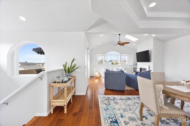 48 16th St, Cayucos, CA 93430 - dining room with ceiling fan, wood finished floors, recessed lighting, a fireplace, and lofted ceiling