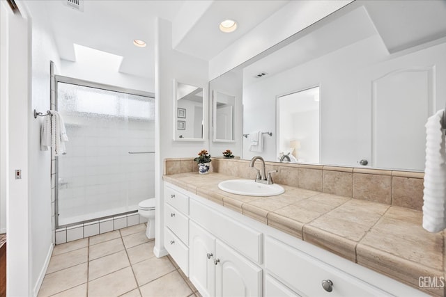 48 16th St, Cayucos, CA 93430 - bathroom featuring vanity, a shower stall, tile patterned flooring, and recessed lighting