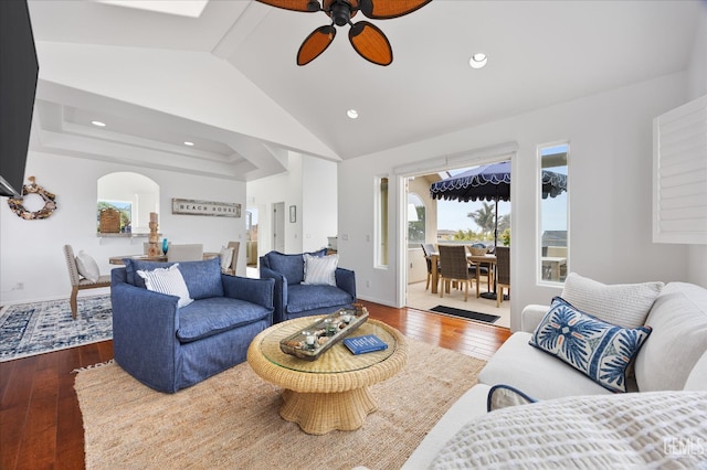 48 16th St, Cayucos, CA 93430 - living room with hardwood / wood-style floors, arched walkways, a ceiling fan, vaulted ceiling, and recessed lighting