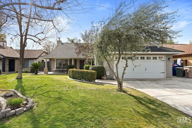 ranch-style house featuring a chimney, stucco siding, concrete driveway, a garage, and a front lawn