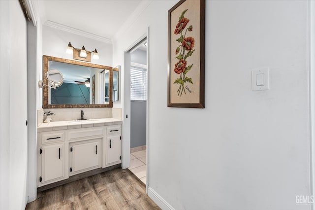 bathroom featuring crown molding, vanity, hardwood / wood-style floors, and backsplash