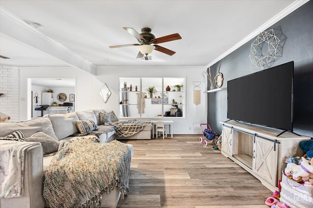 living room featuring ceiling fan, ornamental molding, and light hardwood / wood-style flooring